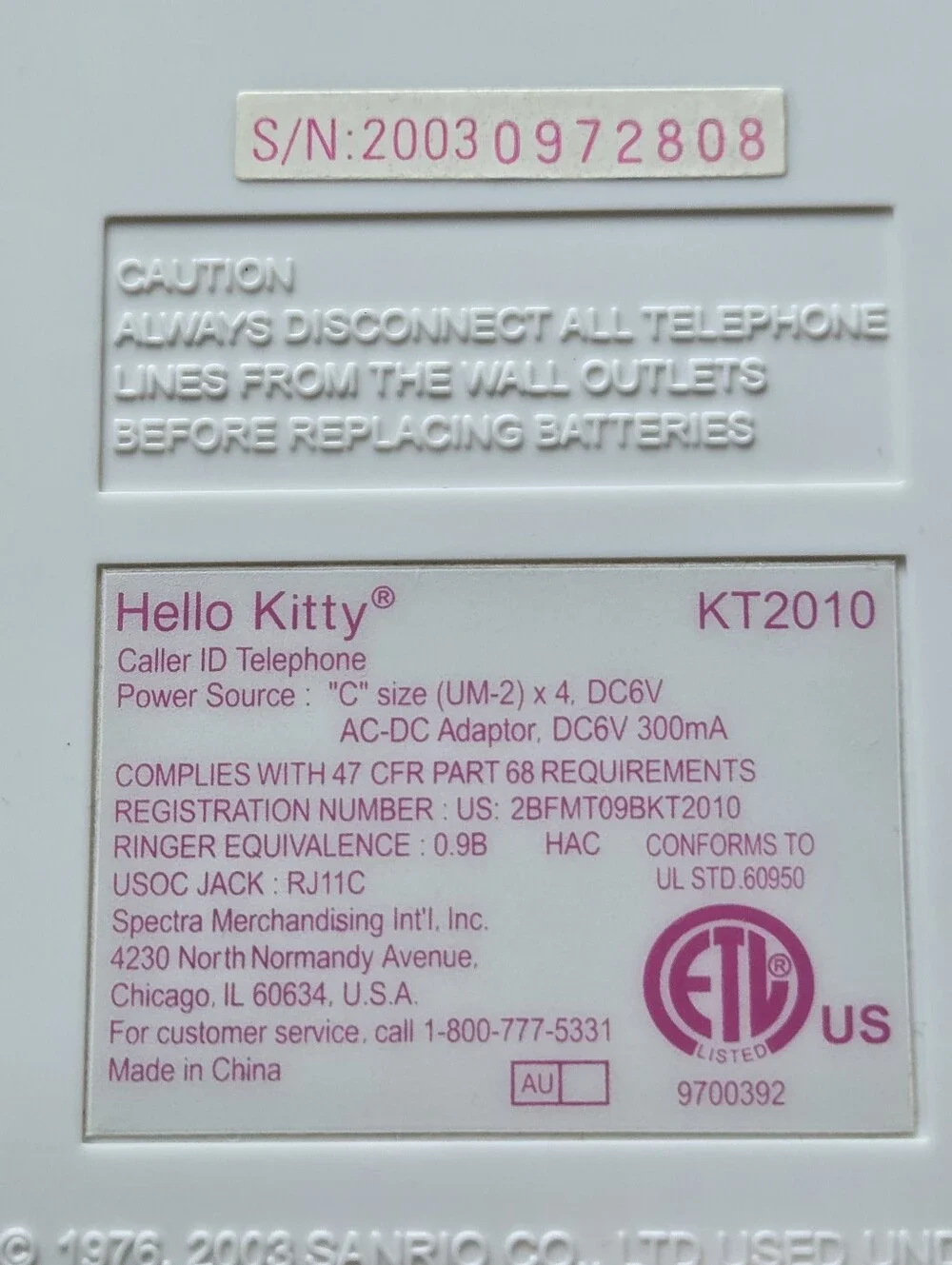 Working Hello Kitty Pink & White Desk Landline Phone Angel Figurine